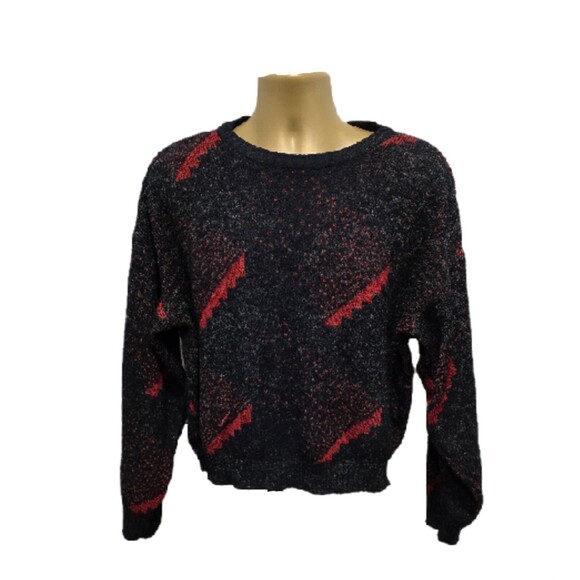 Vtg 80s Cuccini Italian Red Black Mens Sweater Sz XL Grandpa Geometric Warm Cozy - Picture 8 of 8